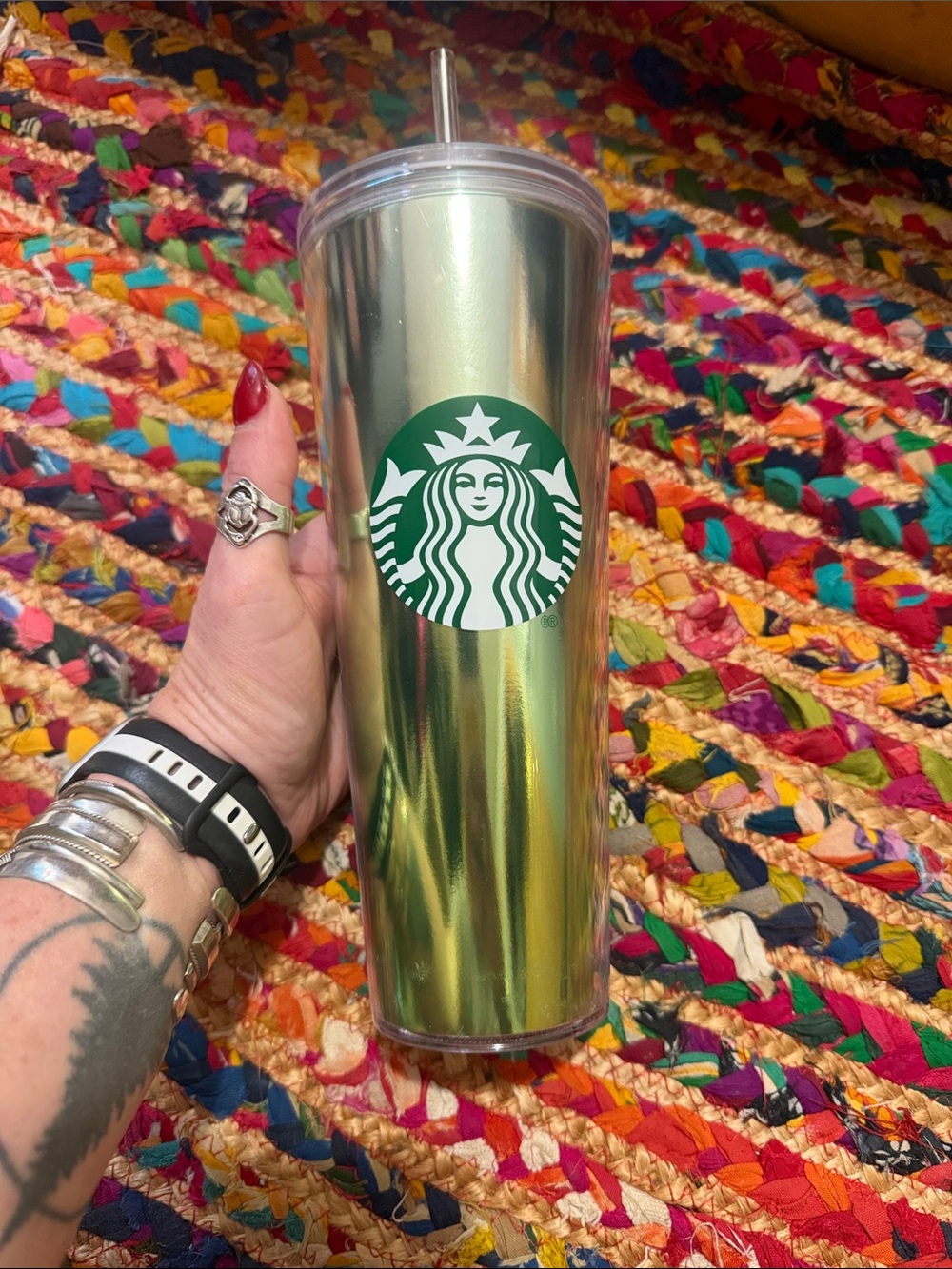 NEW!!!! Starbucks Iridescent Silver Tumbler with Green Logo and Clear Lid - Picture 2 of 2